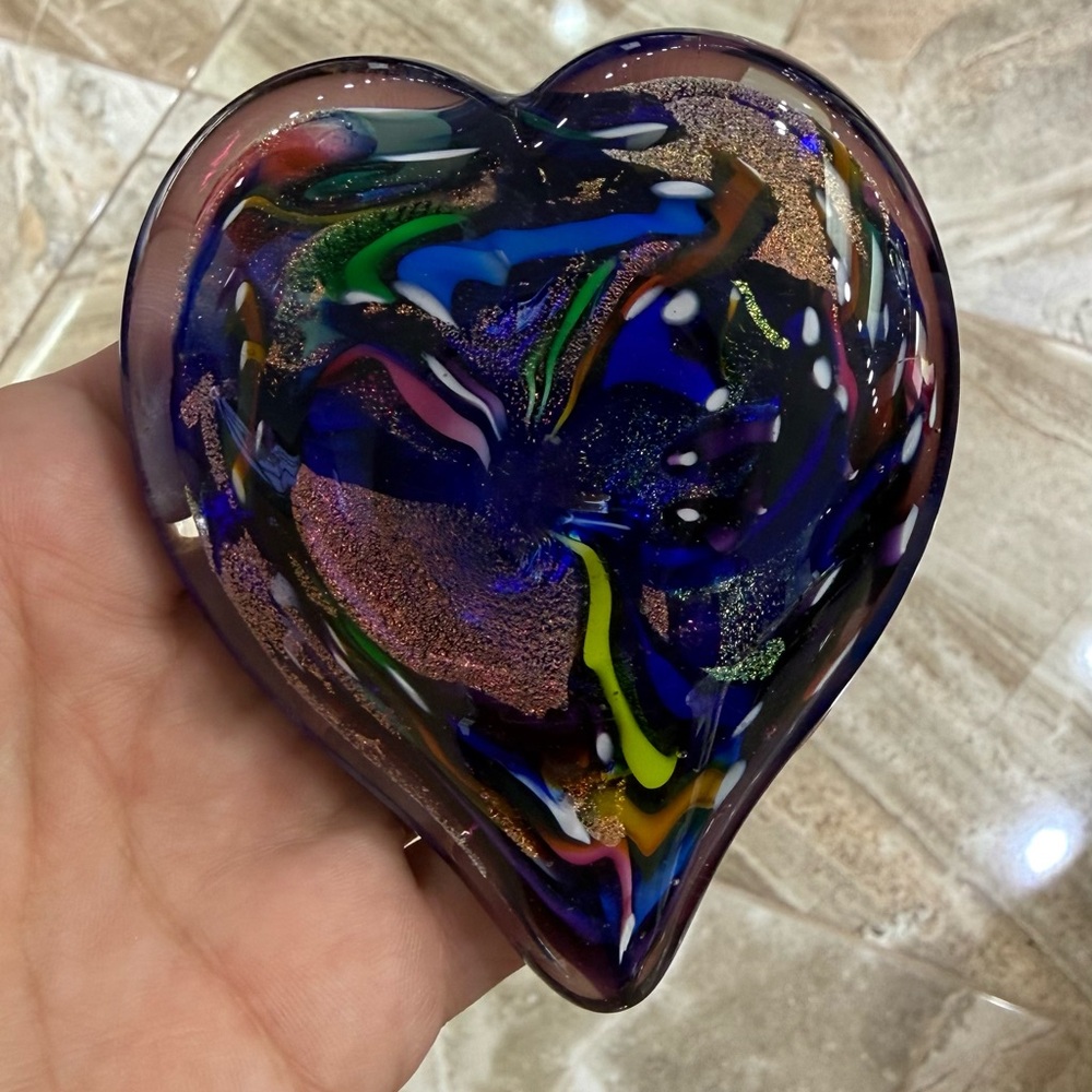 Vintage Glass Eye Studio Heart Paper weight Art Figurine Rainbow Dichroic Swirl